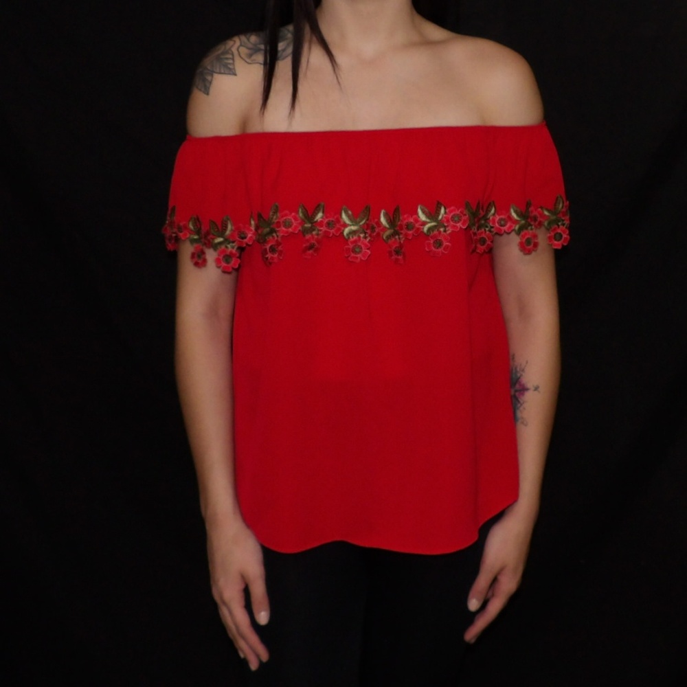 Red Off the Shoulder Flower Top
